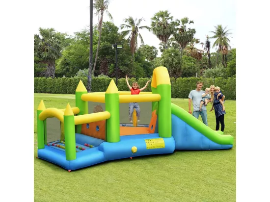 Château Gonflable en Forme de Pentagone avec Toboggan, Maison de Rebond Gonflable avec Piscine à Balles, Panier de Basket, Intérieur Extérieur pour 3 Enfants de 3-10 Ans（sans souffleur)