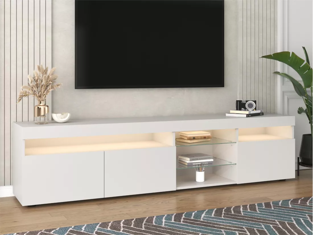 Meuble TV moderne avec 3 portes 2 tiroirs & 2 niches - LEDs - longueur 180cm - pour salon - laqué blanc