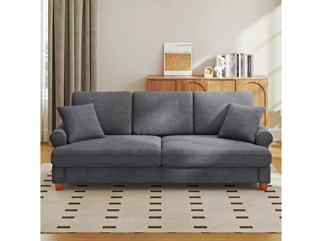 Canapé confort 3 places, Tissu en Chenille, avec accoudoirs,coussins et 2 oreillers, Charge max 365 kg - 220x76x86 cm