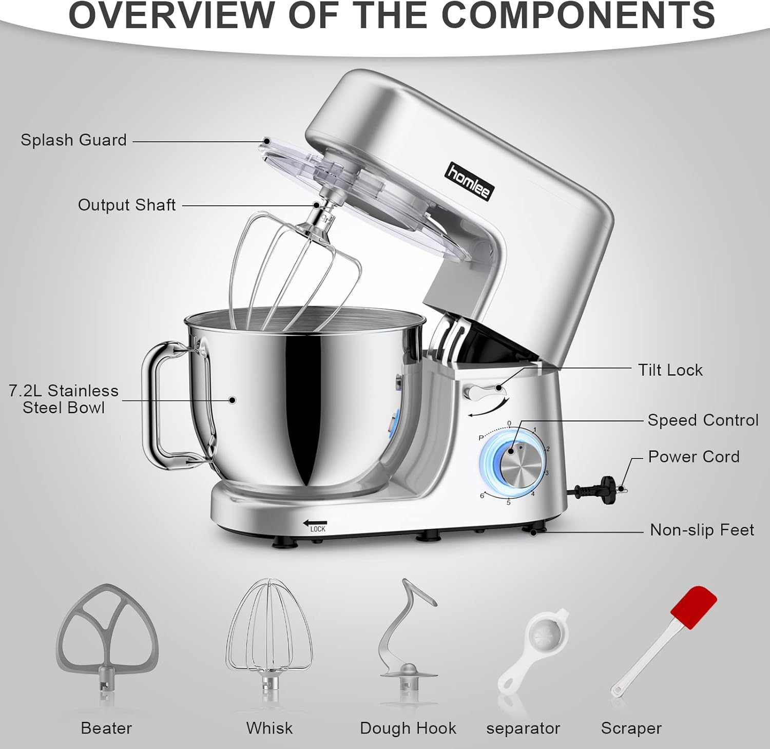 Robot Patissier Homlee 1800W 7,2L Professionnel Robot Ptissier Petrin Multifonctions Robot Cuisine Faible Bruit Batteur sur Socle avec Bol en Acier Inoxydable,Fouet,Batteur,Crochet,6 Vitesses