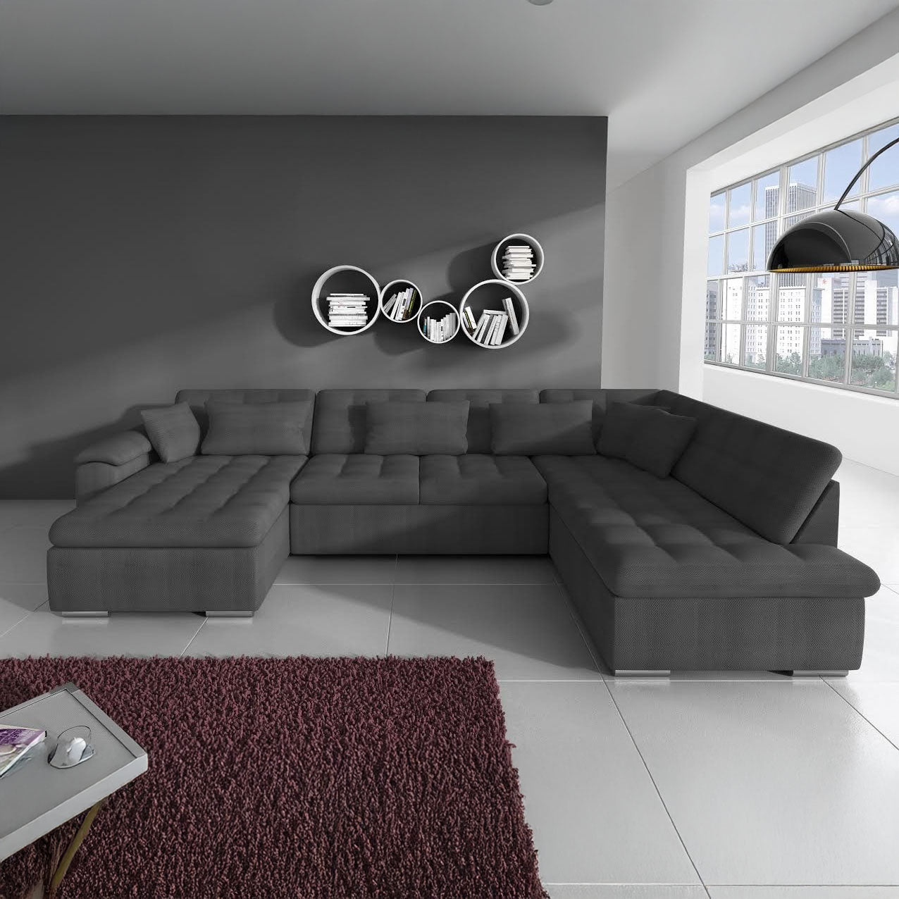Nicoreta - Hoekbank 5-zits met chaise longue - Stof grijs - Links