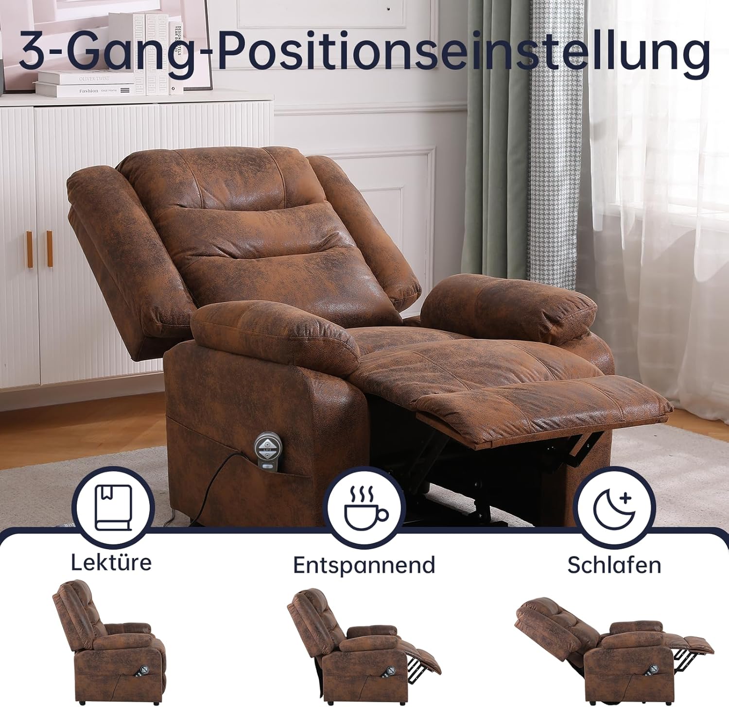 Elektrischer Relaxsessel Fernsehsessel Massagesessel mit Aufzug Heizung Liegefunktion Flockleder (Braun)