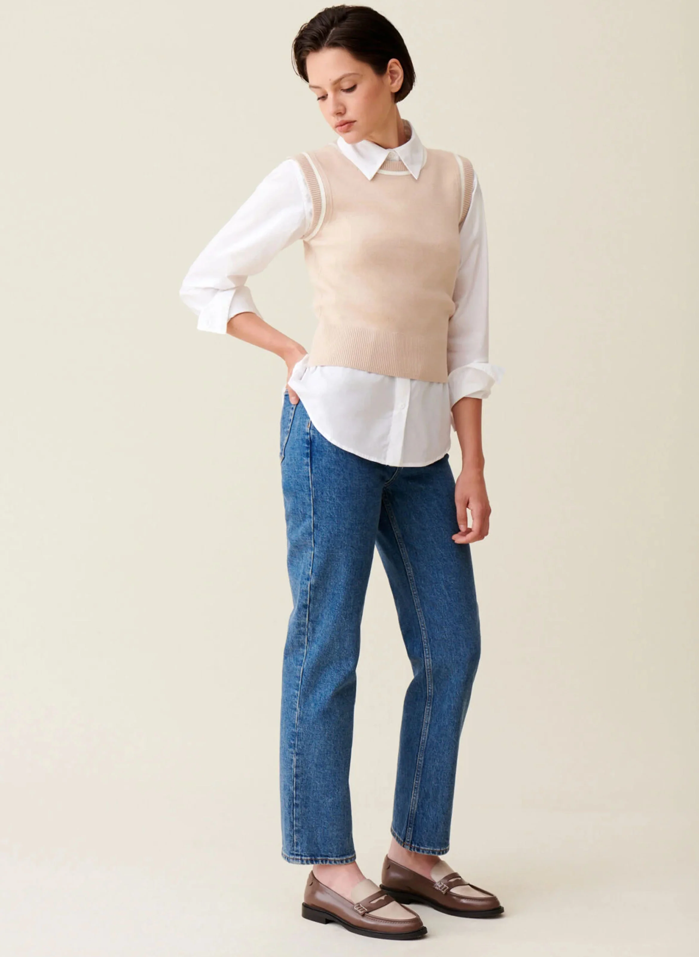 Pull col rond en maille| Beige