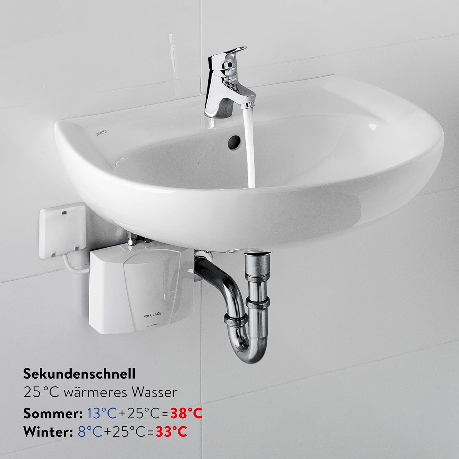 CLAGE M4 hydraulischer Klein-Durchlauferhitzer nur fürs Handwaschbecken, 4,4 KW, ohne Stecker, 230V Festanschluss, nur für drucklose Armaturen [Energieklasse A]