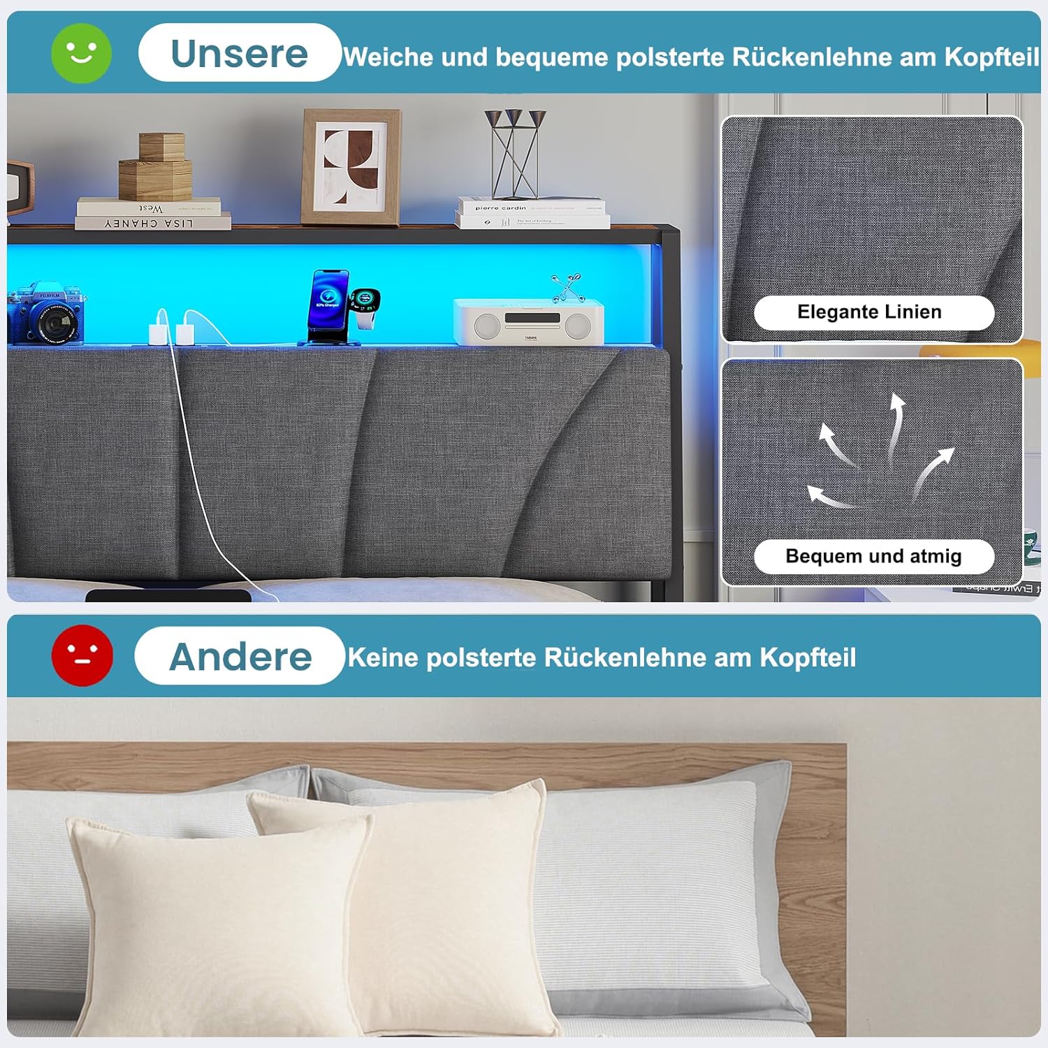 Bett 140x200 mit Lattenrost aus Metall, Bettgestell 140x200cm mit LED Beleuchtung Metallbett 140x200 mit Kopfteil & Ladestation(2 AC-Steckdosen& 2 USB-Anschlüsse) Jugendbett Doppelbett, Grau