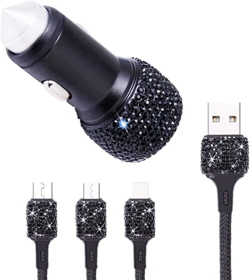 (1.2m) 3in1 Glitzer USB A auf Lightning / Micro USB / USB C Nylon Ladekabel   Dual KFZ Ladegerät - Schwarz