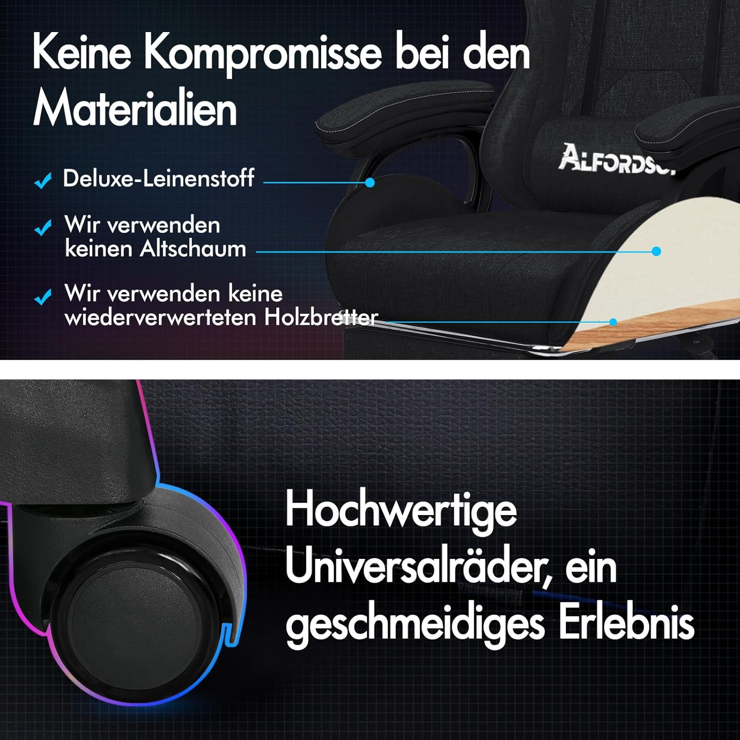ALFORDSON Massage GamerStuhl, Computer Bürostuhl mit Fußstütze, 2-Punkt-Massage Stuhl 180kg Belastbarkeit, 90-150° Rückenlehne einstellbar Ergonomischer PC Stuhl, 360° drehbar, Leinenstoff, Schwarz