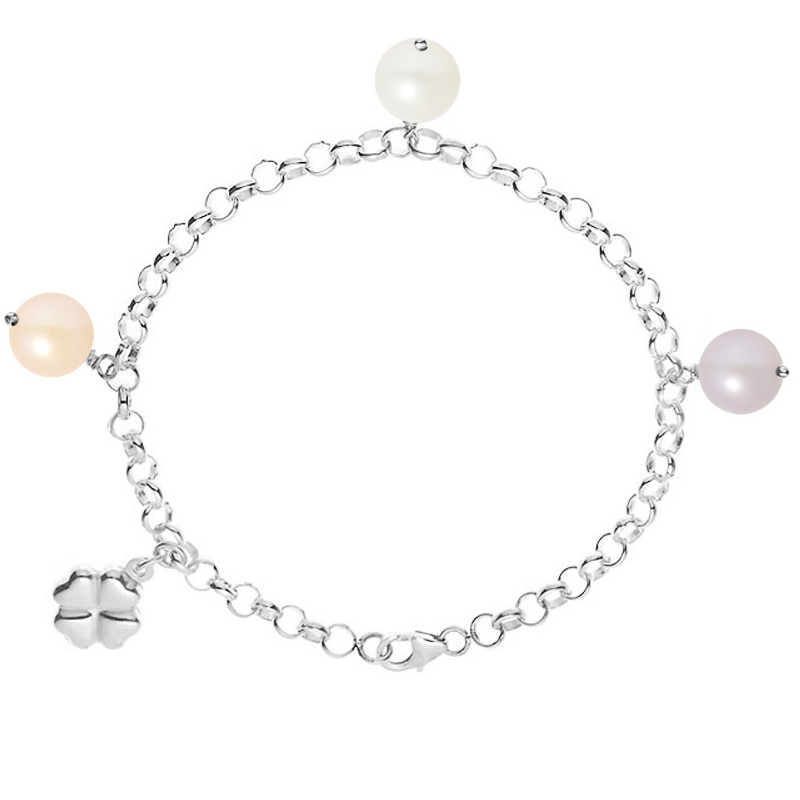 Bracelet Trèfle Perle de culture d'eau douce Blanche, Peche et Lavande et Argent 925