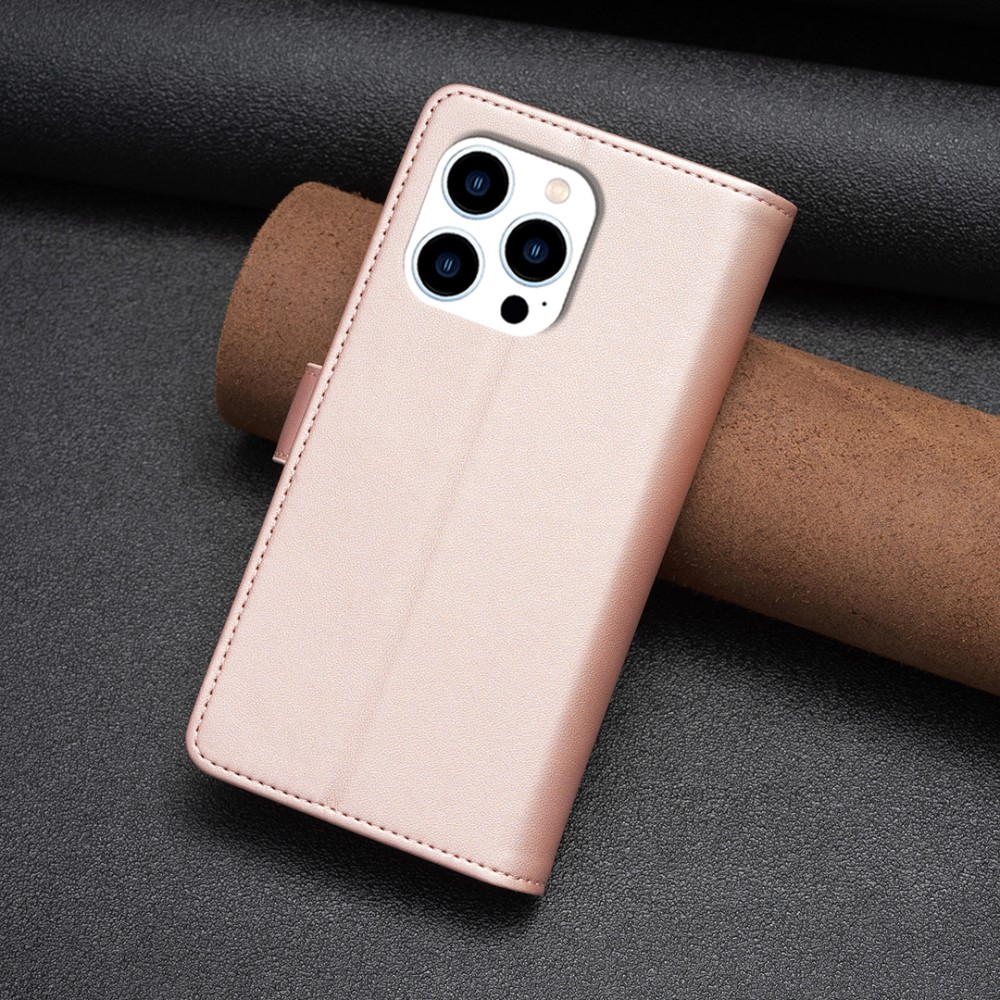 iPhone 15 Pro Leder Wallet Etui Tasche mit 9 Kartenfächern   Münzfach - Roségold