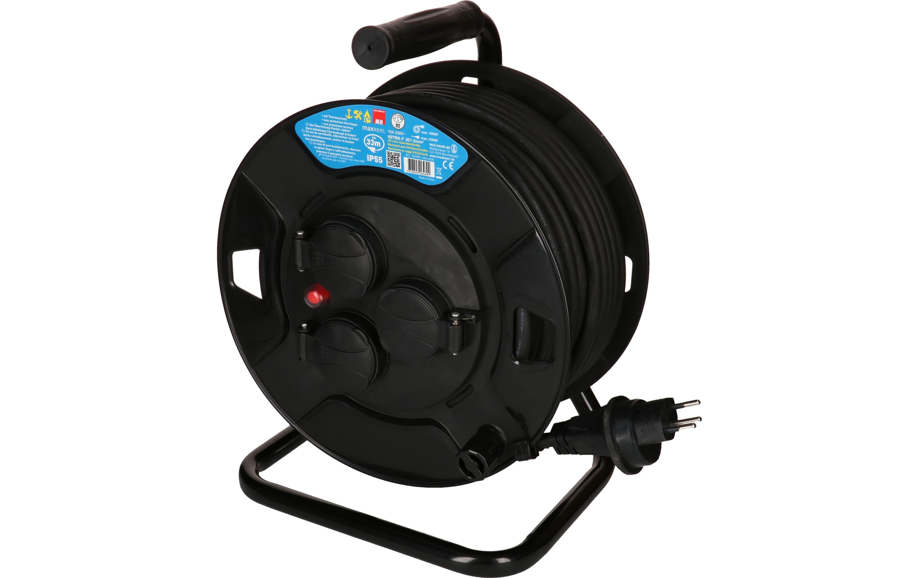 Kabelrolle maxREEL 33 m, 3x T13, IP55, Schwarz<br>33 m Kabeltrommel mit Metallrahmen für den Aussenbereich