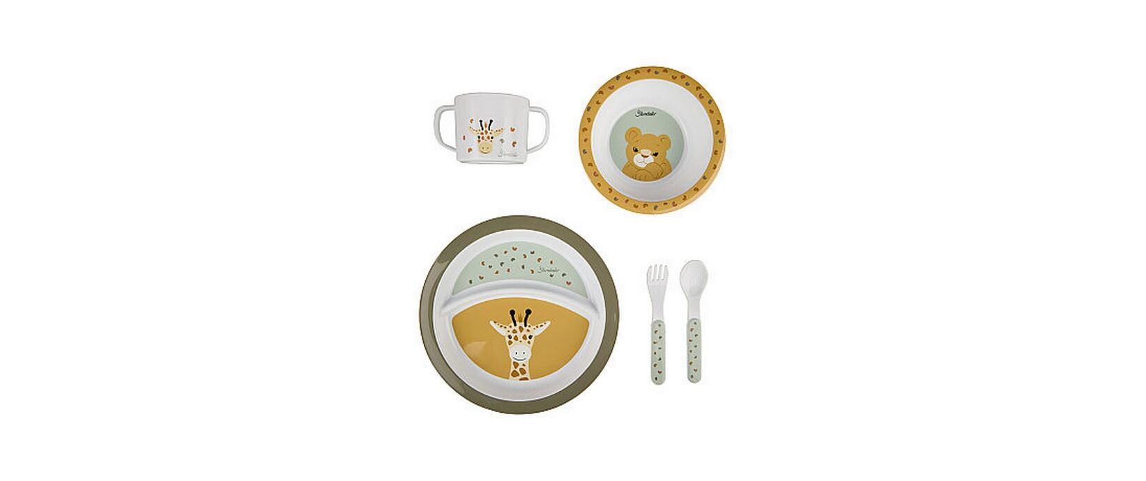 Kindergeschirrset SafariNiedliches Kindergeschirr mit Henkeltasse, Teller, Schale und Besteck
