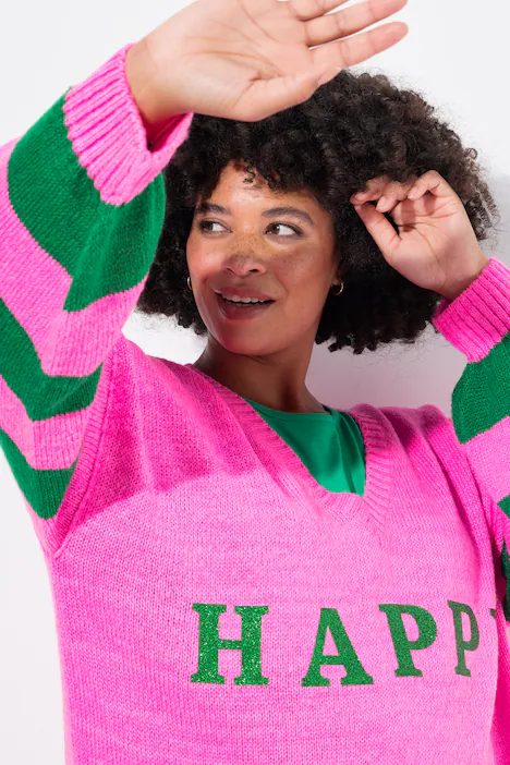 Pullover, oversized, HAPPY, Ringel-Ärmel, neon berry