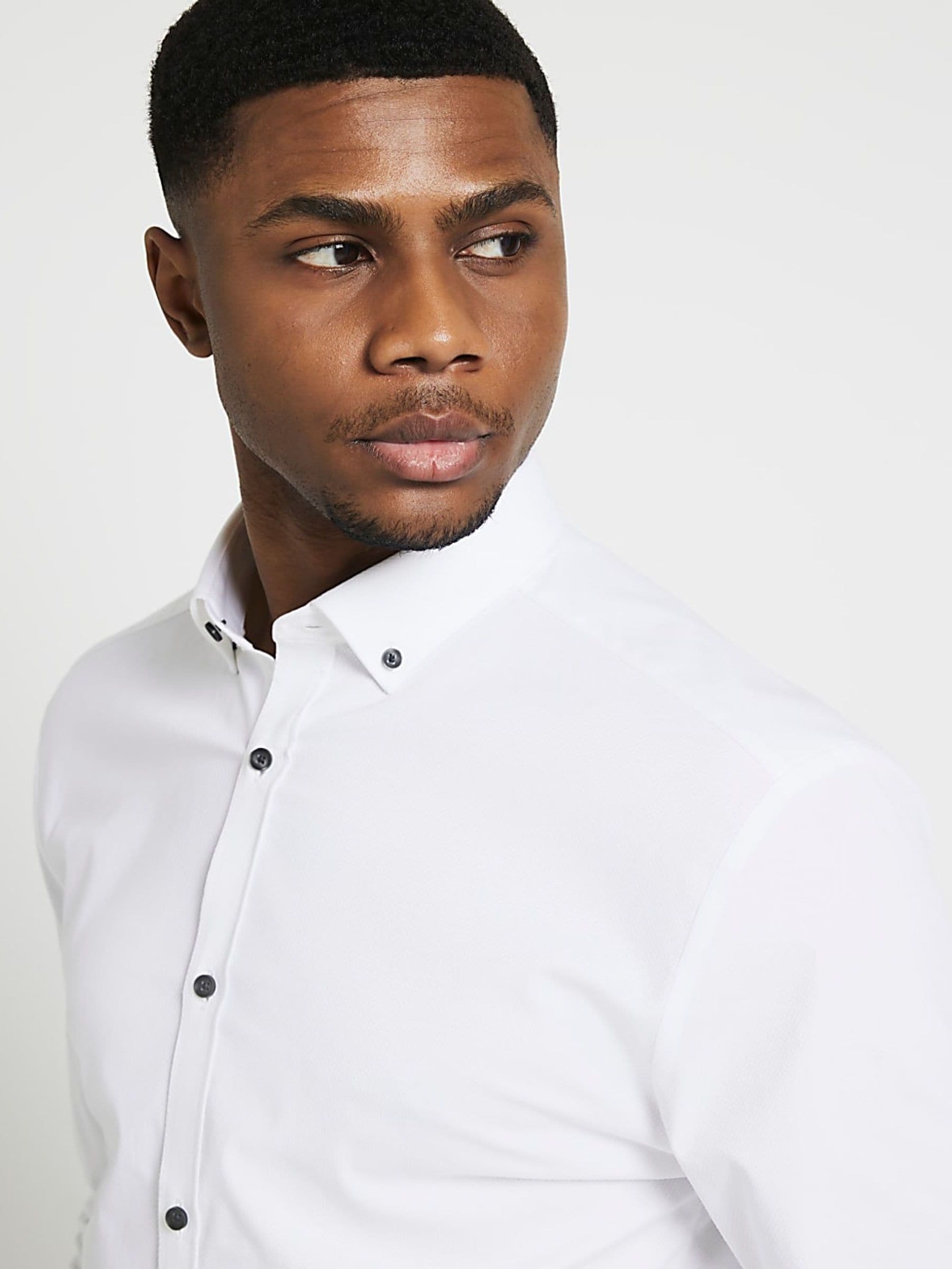 Wit - River Island Muscle Fit Textured Cotton Long Sleeve Shirt