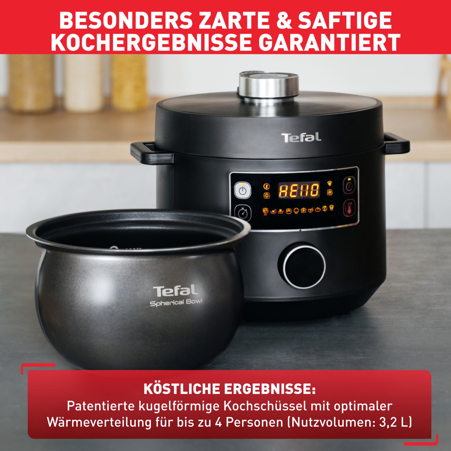 Tefal Multikocher »Turbo Cuisine inkl. Dampfgareinsatz, Messbecher, Reislöffel und Kelle« elektr. Schnellkochtopf, 10 aut. Programme, 1-Knopf-Bedienung, CY7548