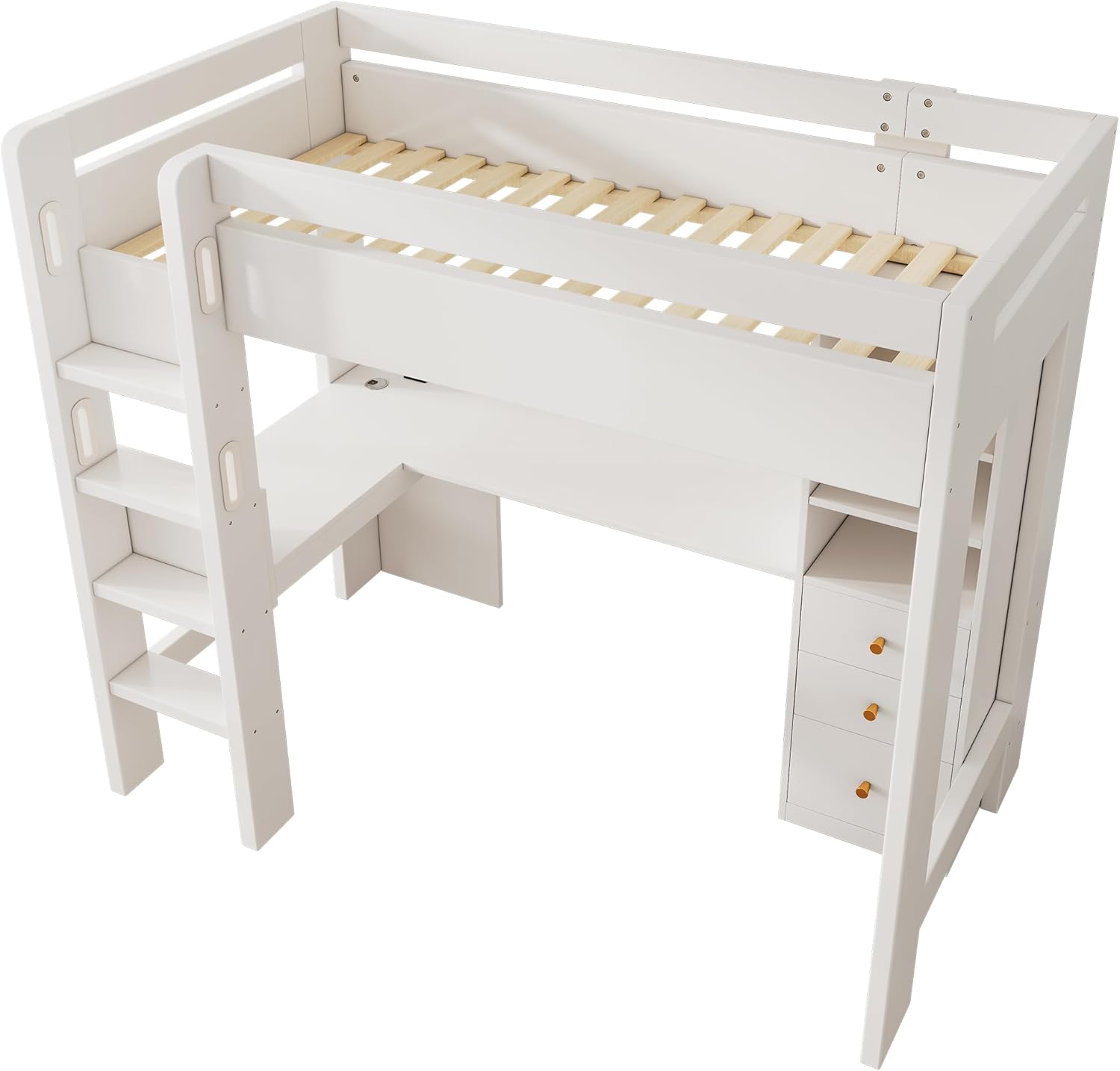 Moimhear Kinderbett Hochbett, 90×200cm, Weiß, mit L-förmigem Schreibtisch, Regalen und Schubladen mit USB/Type-C Ladebereich, mit Leiter und Holzlattenrost