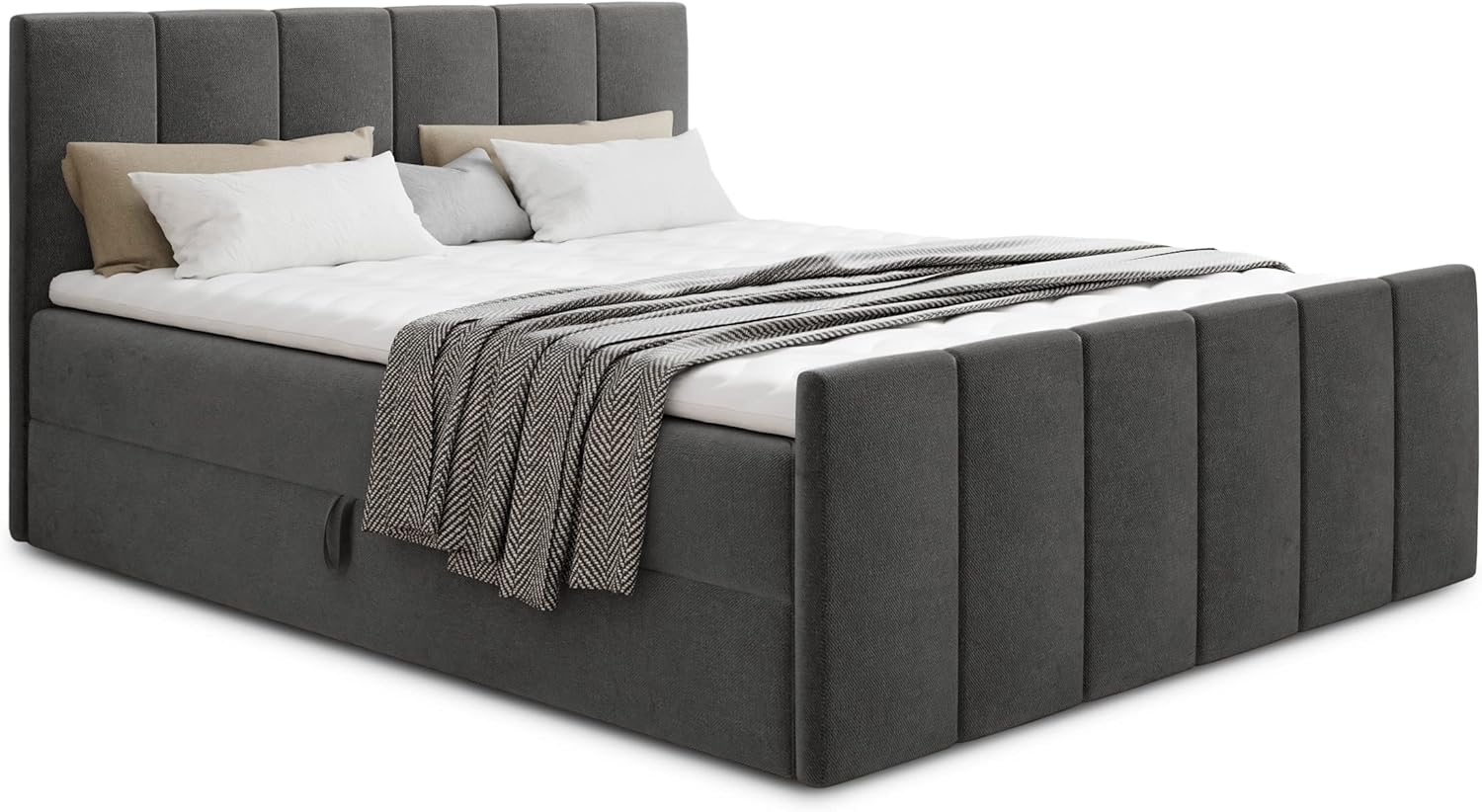 Sofnet Boxspringbett Star Lux mit Fußteil, 2 Bettkästen und Matratzentopper - Doppelbett mit Topper, Bonell-Matratze, Polsterbett, Bett, Betten, Schlafzimmer (140 x 200 cm, Dunkelgrau (Kronos 22))