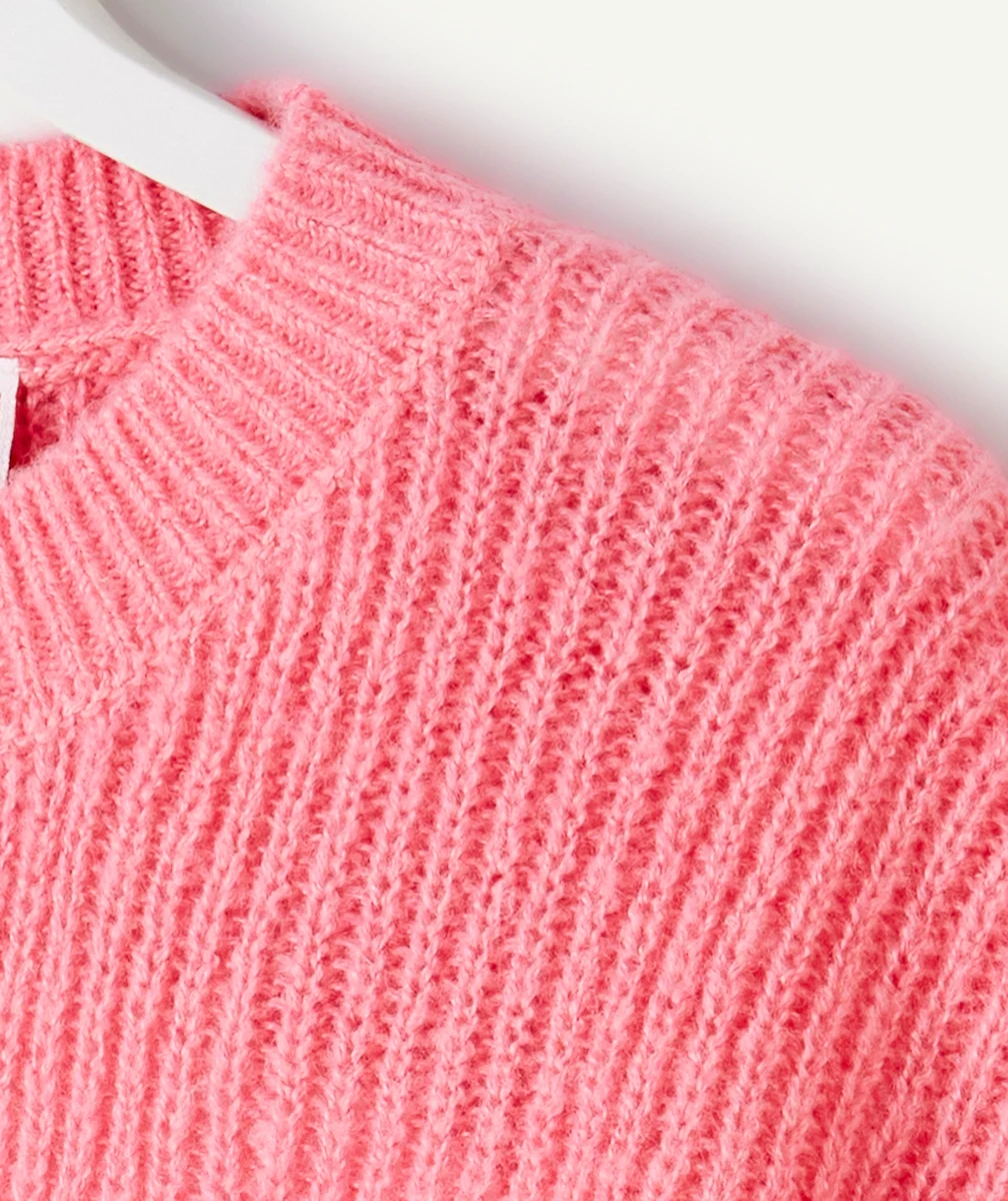 PULL LARGE FILLE EN TRICOT ROSE À MANCHES LONGUES