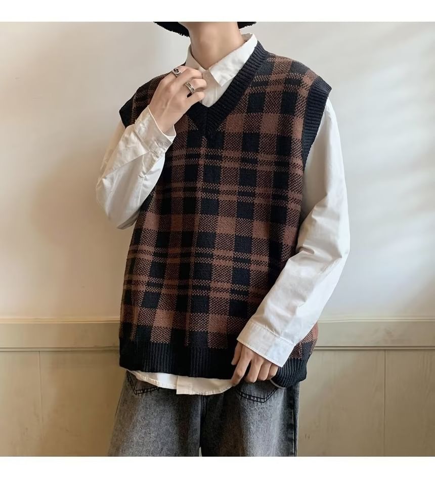 farrahces - V-hals geruite trui met vest