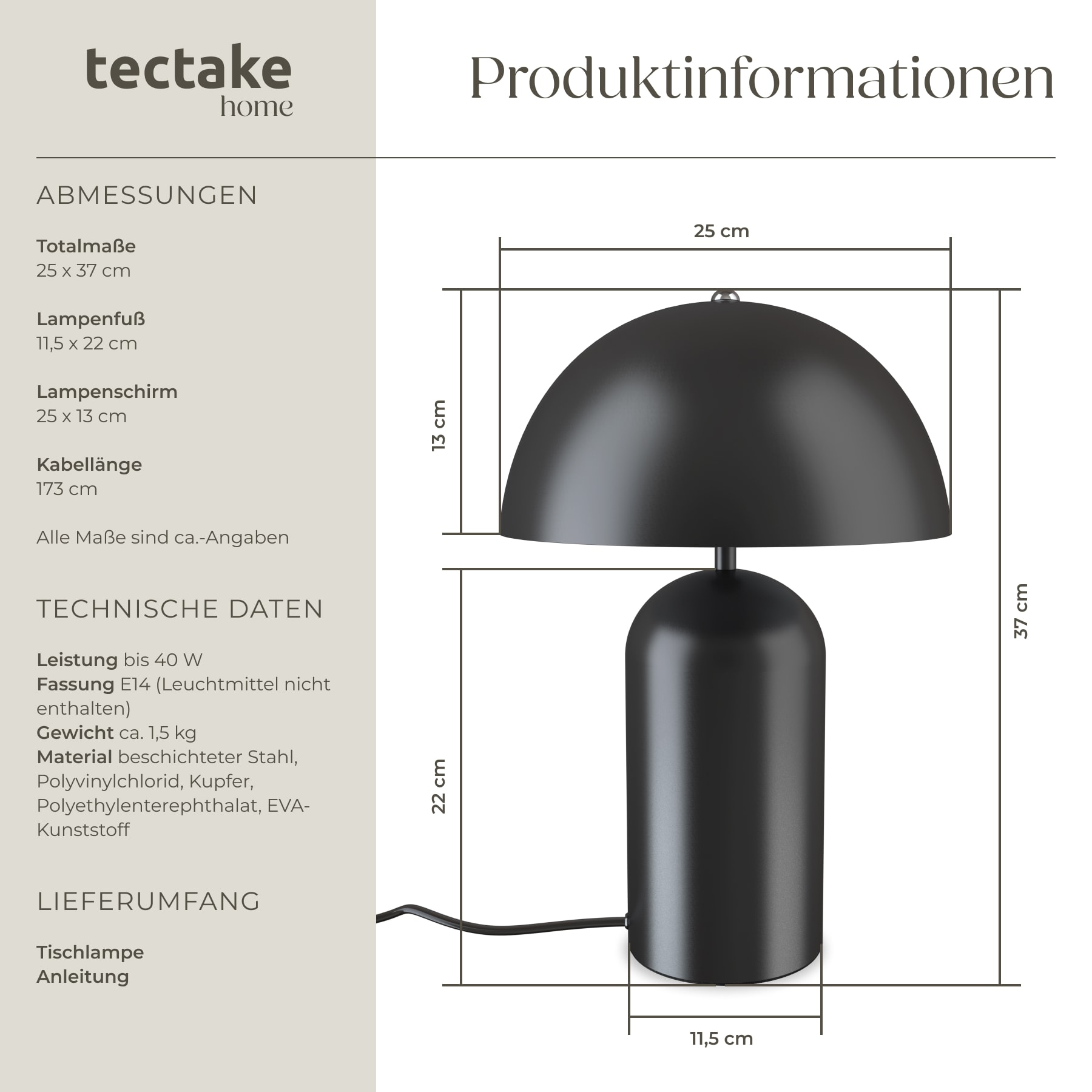 tectake® Retro-Tischlampe, Pilzdesign im 70er Jahre Stil, indirektes Licht, Kippschalter am Kabel, 25 x 37 cm