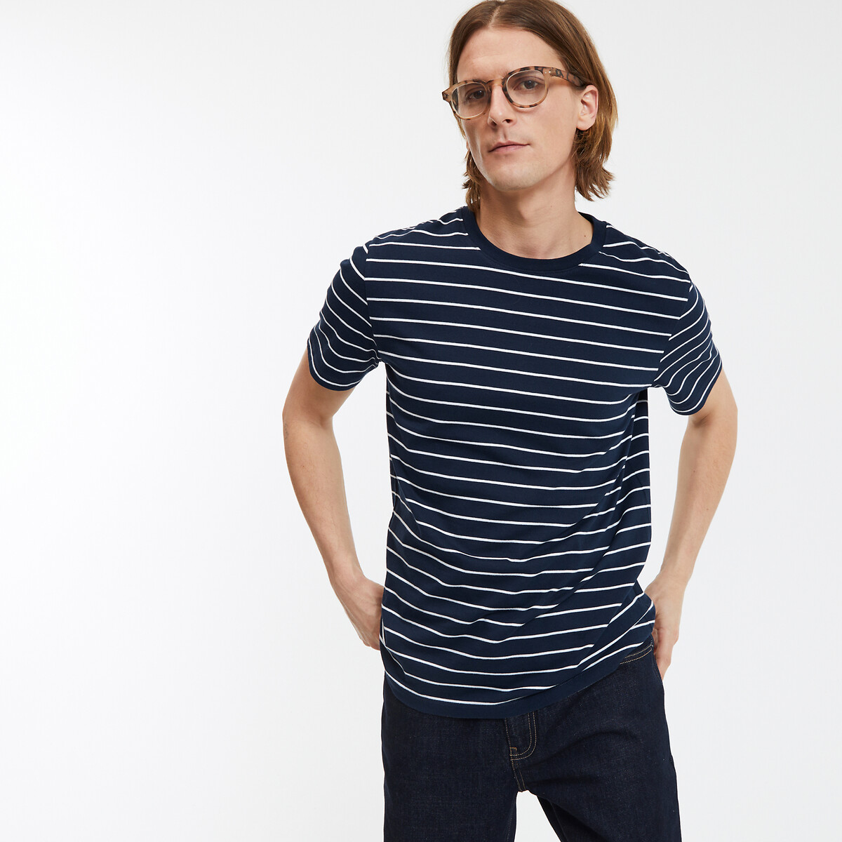 COLEÇÕES LA REDOUTE<br>Camiseta listrada com gola redonda e mangas curtas, em algodão orgânico