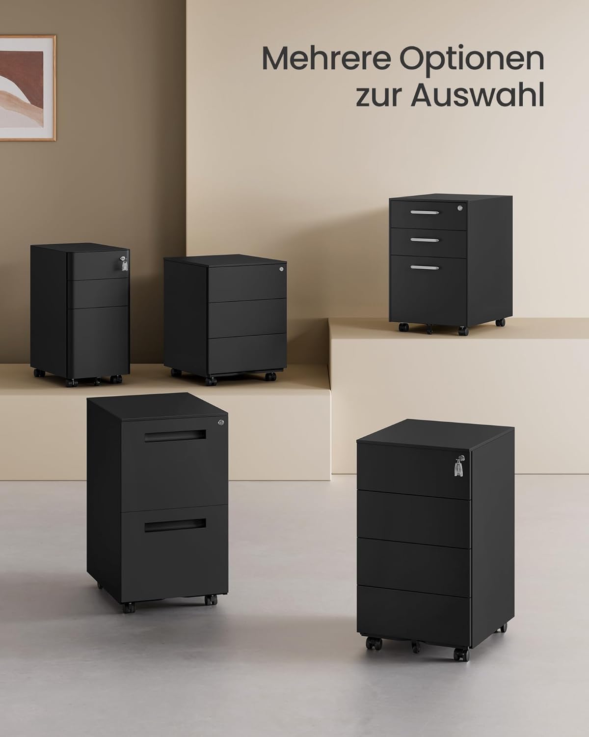 SONGMICS Schubladenschrank, Rollcontainer, mobiler Aktenschrank, Metallschrank, Druckertisch, abschließbar, 4 Schubladen, vormontiert, Büro, Homeoffice, 45 x 39 x 69 cm, tintenschwarz OFC064B16
