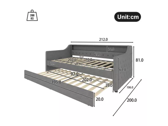 Canapé-lit 90 x 200 cm - avec éclairage LED - avec lit gigogne - avec USB - lin - avec sommier à lattes - gris