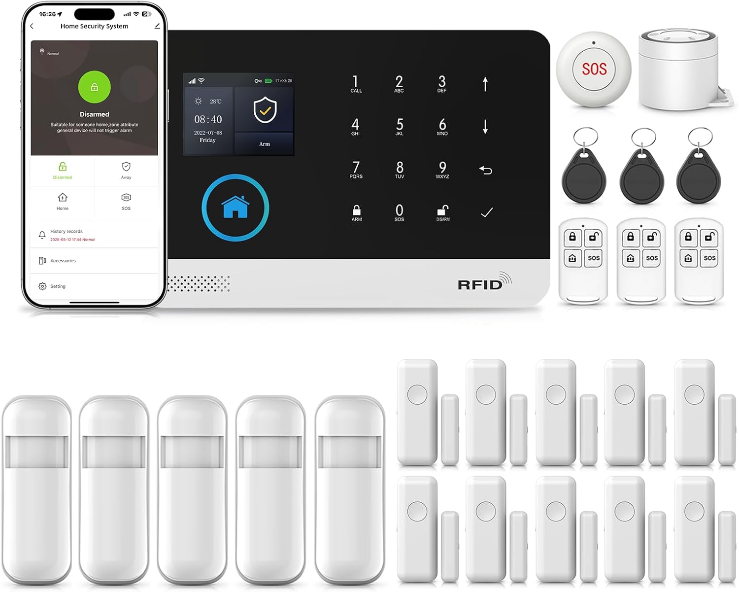 4G-WLAN-Alarmsystem für Ihr Zuhause, kabelloses Alarmsystem, 8-teiliges Set mit Sirene, PIR-Bewegungsmeldern und Fernbedienung