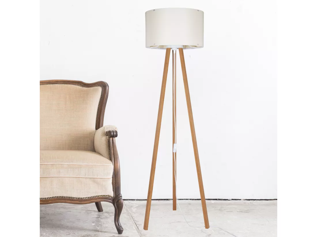 Lampadaire Keynes trépied hauteur 136 cm E27 bambou / crème [lux.pro]