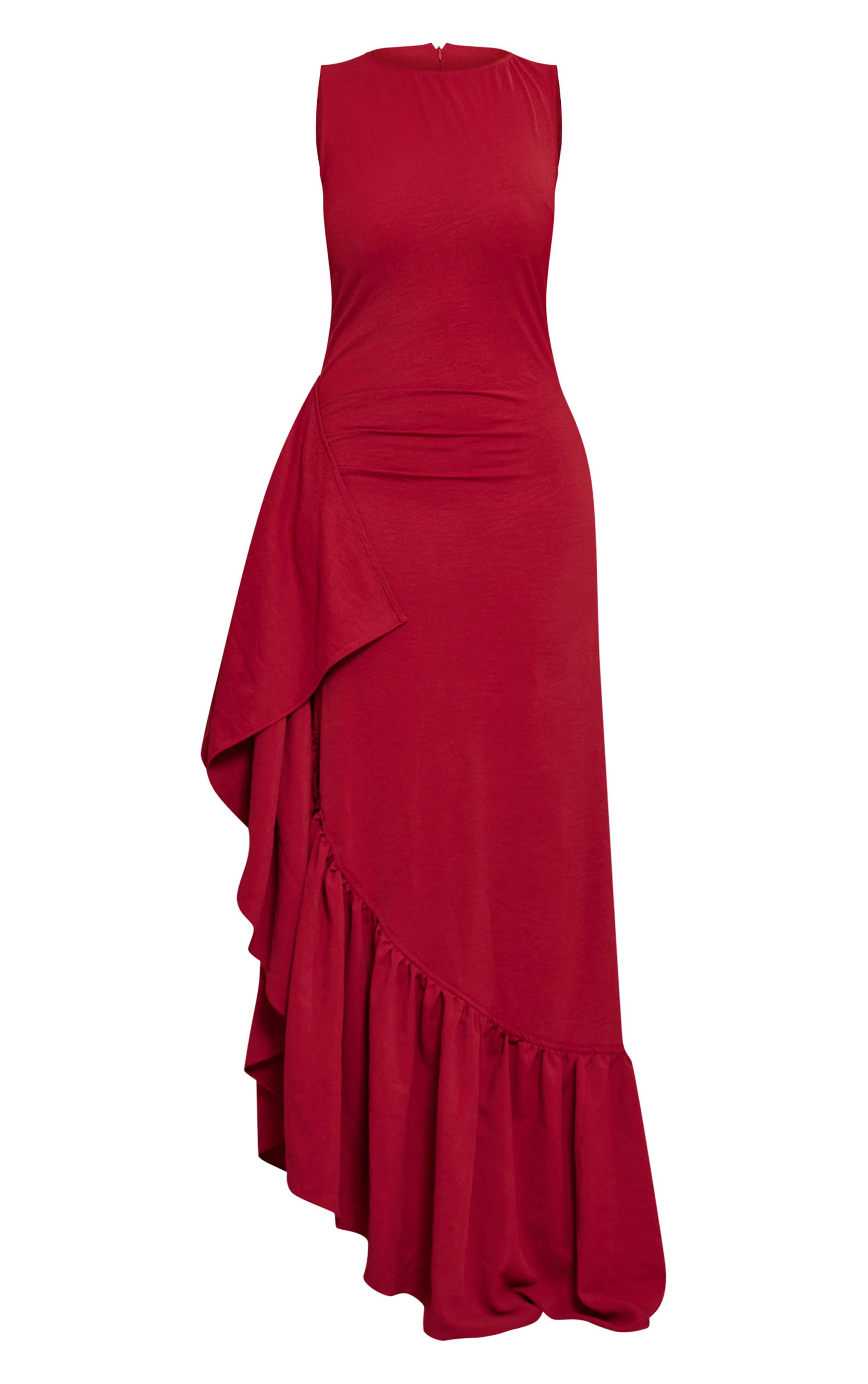 Rouge Robe Maxi Moulante En Tissu Stretch À Encolure Bateau Avec Fente Latérale Et Volant