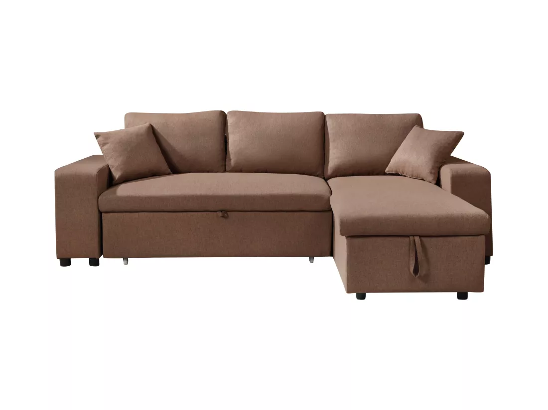 Canapé d'angle convertible et réversible en tissu avec coffre de rangement et poufs marron SELIM