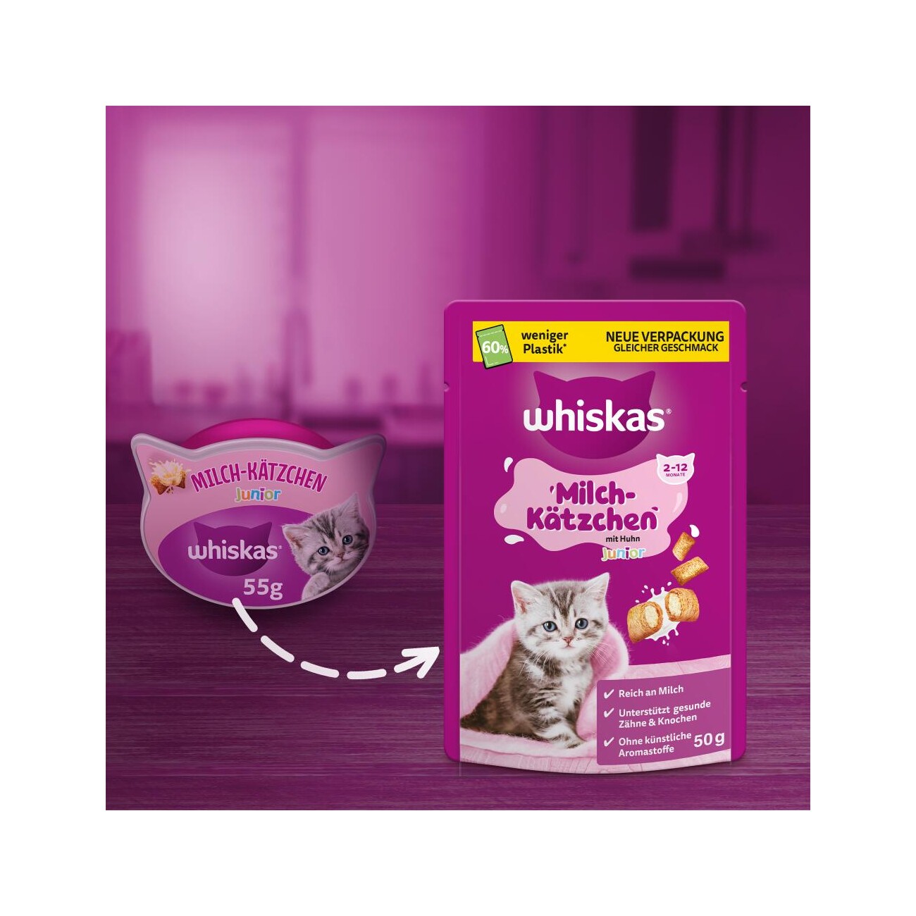 Whiskas Snacks, Junior, Milch-Kätzchen, Huhn 6x50 g