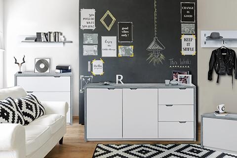 Bruno - Wandgarderobe mit 1 Kleiderstange, 2 Kleiderhaken und 1 praktischen Ablage, Beton Optik mit weisser Rückwand