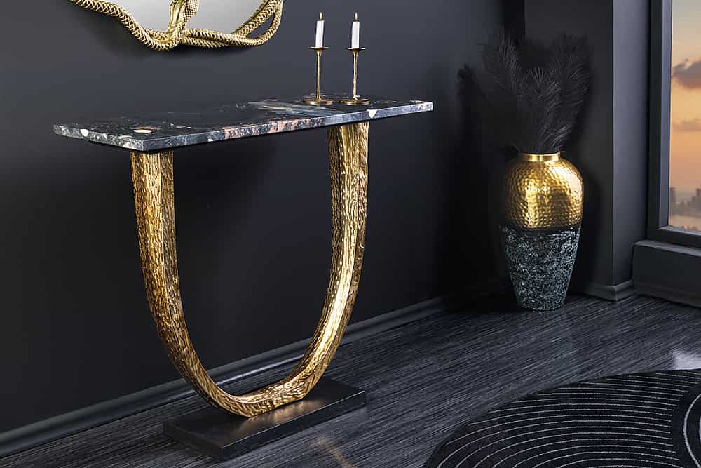 Handgefertigter Konsolentisch OMEGA 80cm schwarz Marmor gold Metall
