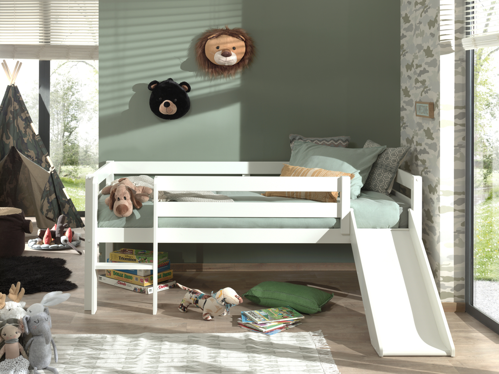 Kojen-Spielbett - weiß - Leiter - Rutsche - 90x200 cm
