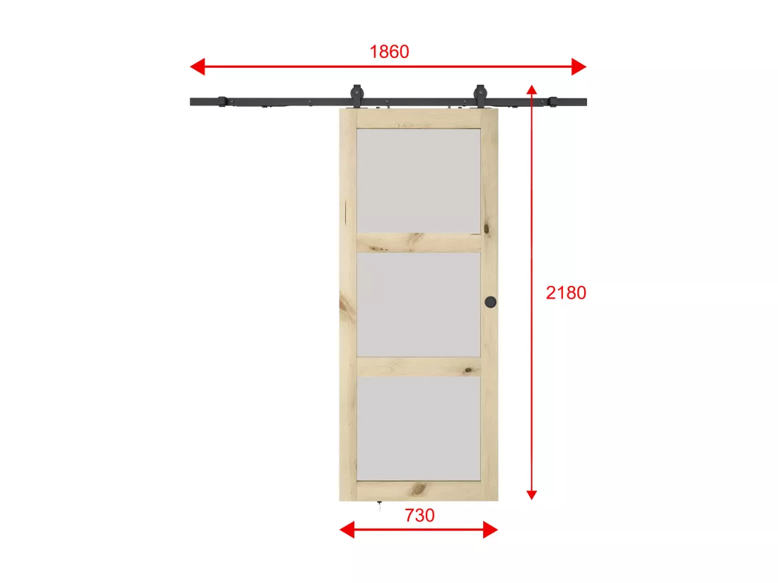 Porte coulissante avec système en applique en bois et verre trempé dépoli - 3 fenêtres - H205 x L73 cm - ACOSTA II