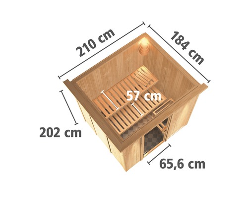 Plug & Play Sauna Karibu Achat VIII zonder kachel, met dakrand en houten deur met isolatieglas, thermisch geïsoleerd