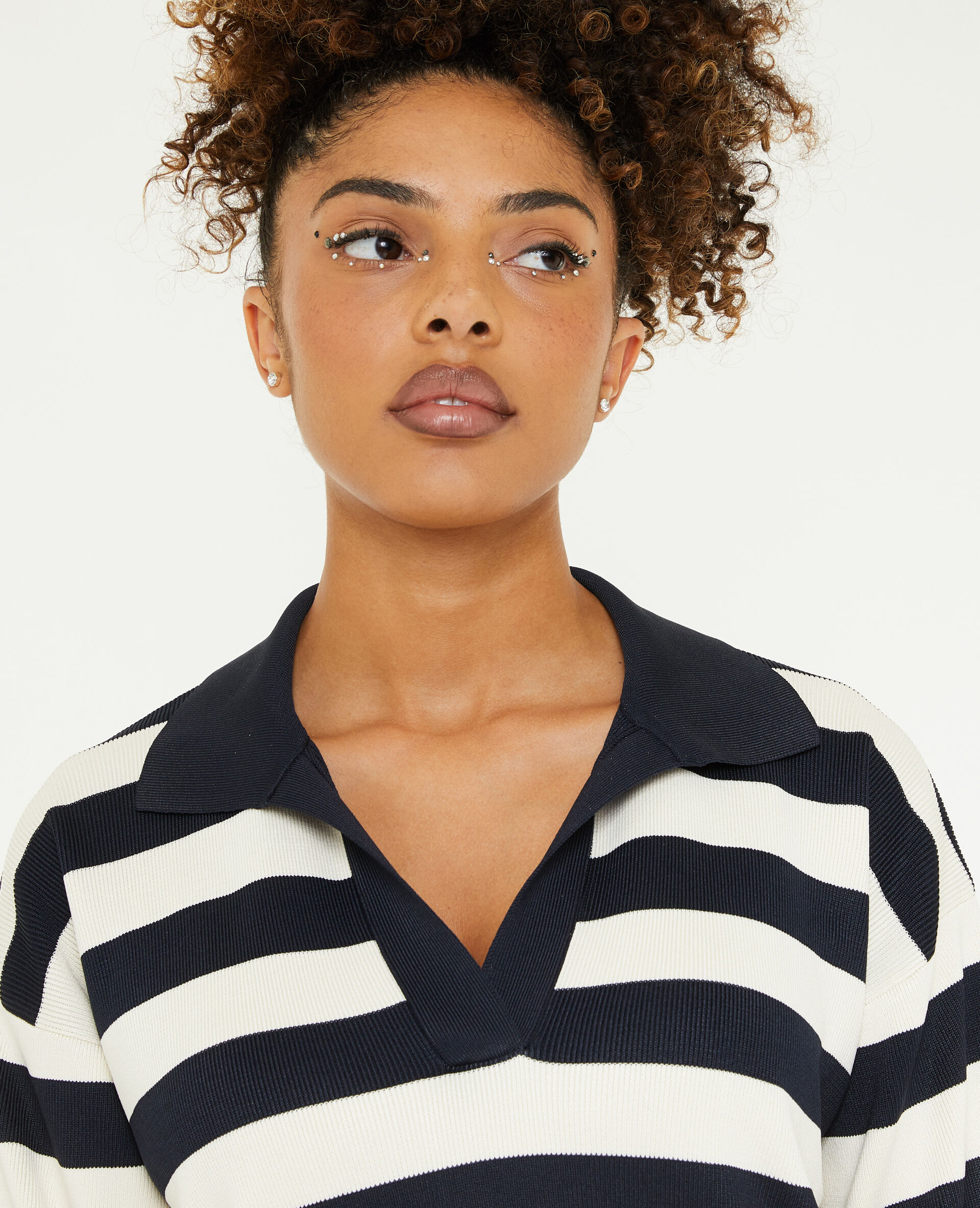 Pull col polo motif rayures - Blanc