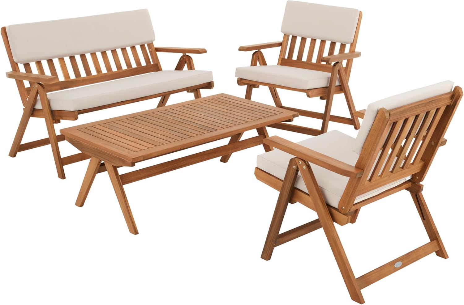 di volio Gartenmöbel Set Lusiano - beige, wetterfeste Garten Möbel aus Akazienholz, 1x Doppelbank, 2X Sessel, 1x Tisch & Bequeme Sitzkissen