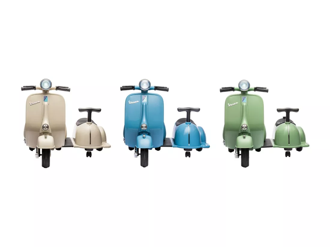 Scooter électrique enfant Vespa 6V bleu. 1 place avec porteur