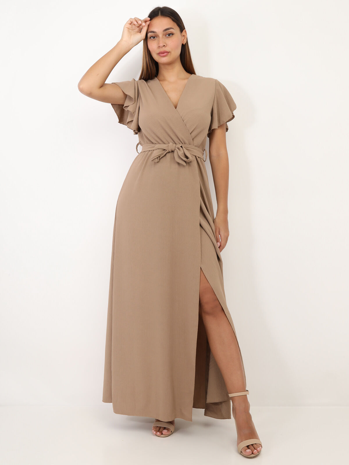 Robe longue fendue à col cache coeur- Camel