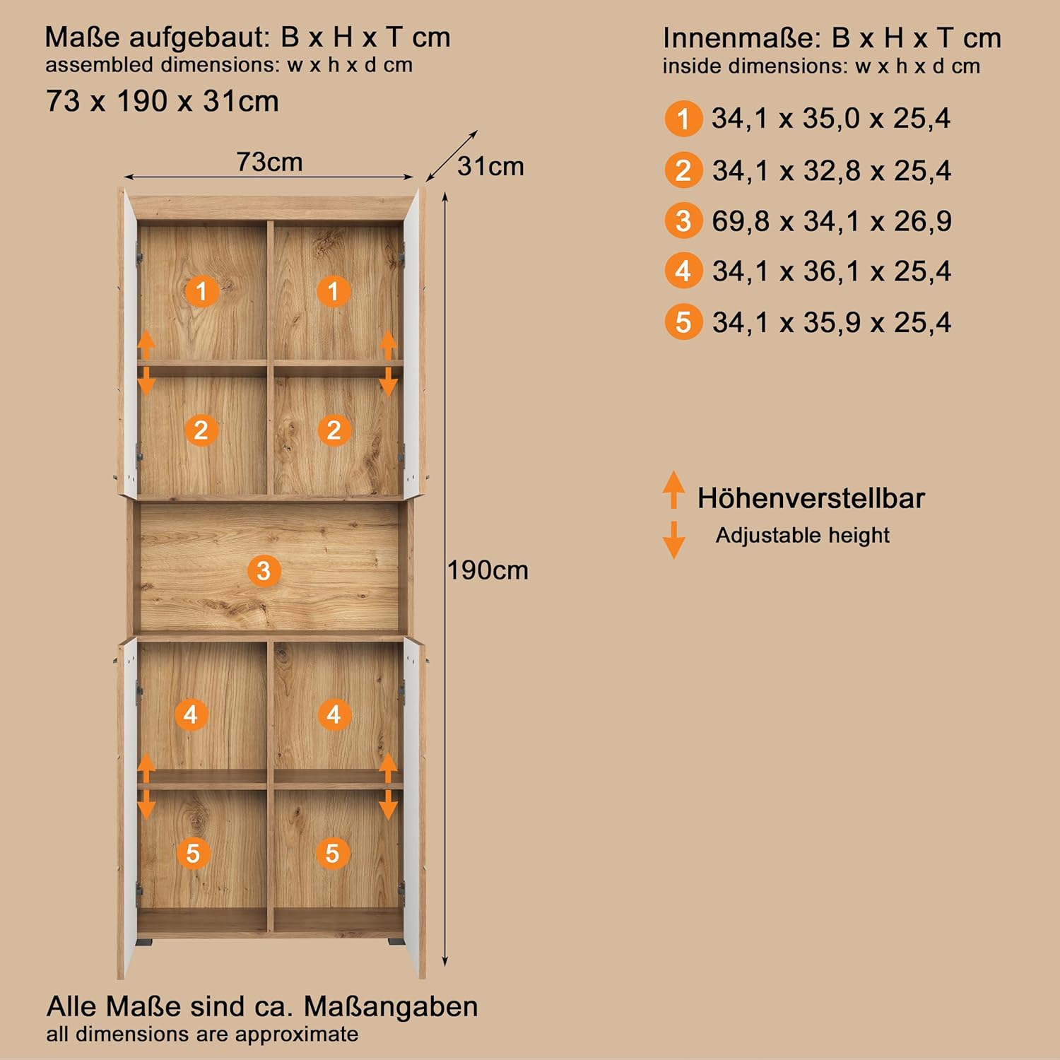 trendteam smart living - Amanda - Hochschrank - Eiche - Badezimmerschrank breit mit 4 höhenverstellbaren Einlegeböden - (BxHxT) 73 x 190 x 31 cm - 8 Fächer und eine große Ablage - Kratzfest
