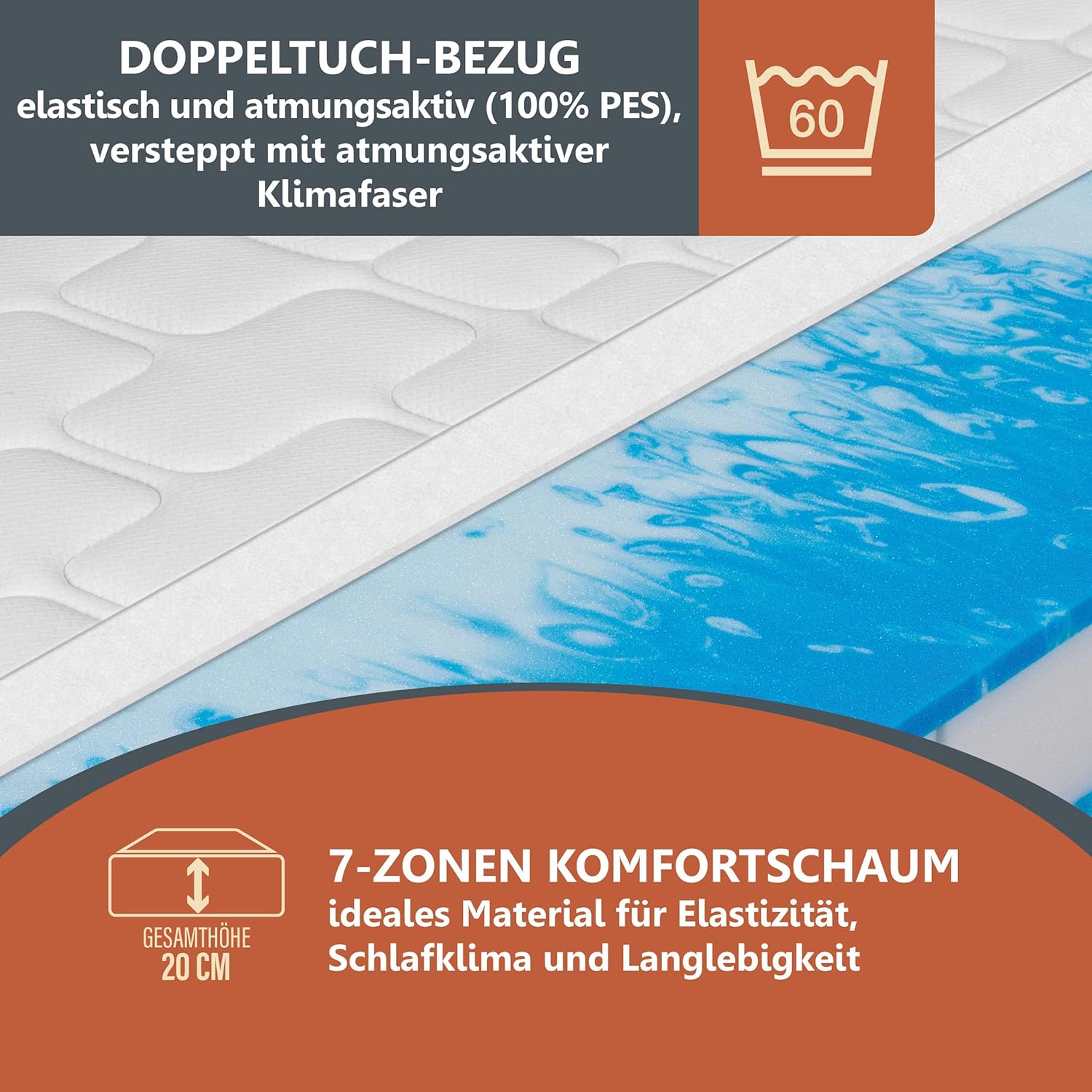 BeCo Matratze 90x200 cm Duo Gel Comfort Komfortschaummatratze H3, Oeko-TEX Standard 100, Testsieger in Haus & Garten: SEHR GUT 1,3 (Heft 01/2019), Made in Germany, 100 Nächte Testschlafen