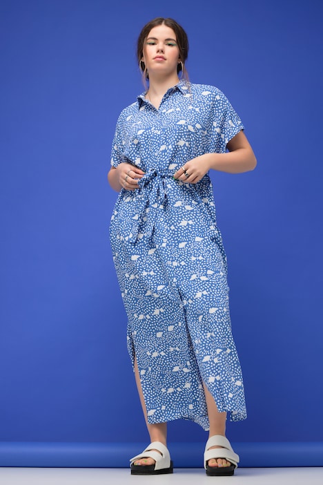 Maxikleid, oversized, Allover-Print, Hemdkragen, Knopfleiste