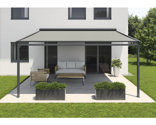SOLUNA Pergola met stoffen dak 4x3, stoffen dessin S1469, frame RAL 7016 antracietgrijs, aandrijving links inclusief motor, wandschakelaar (wandmontage)