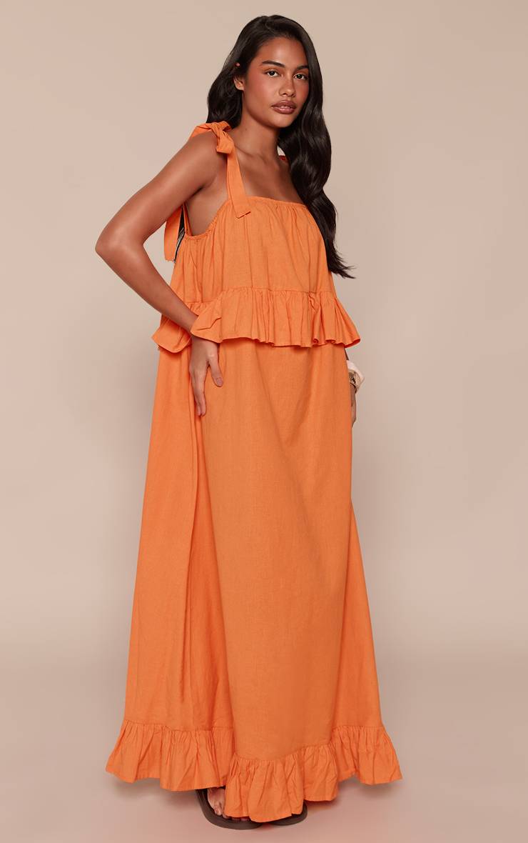 Orange Robe Maxi À Étages Aspect Lin Avec Bretelles Nouées