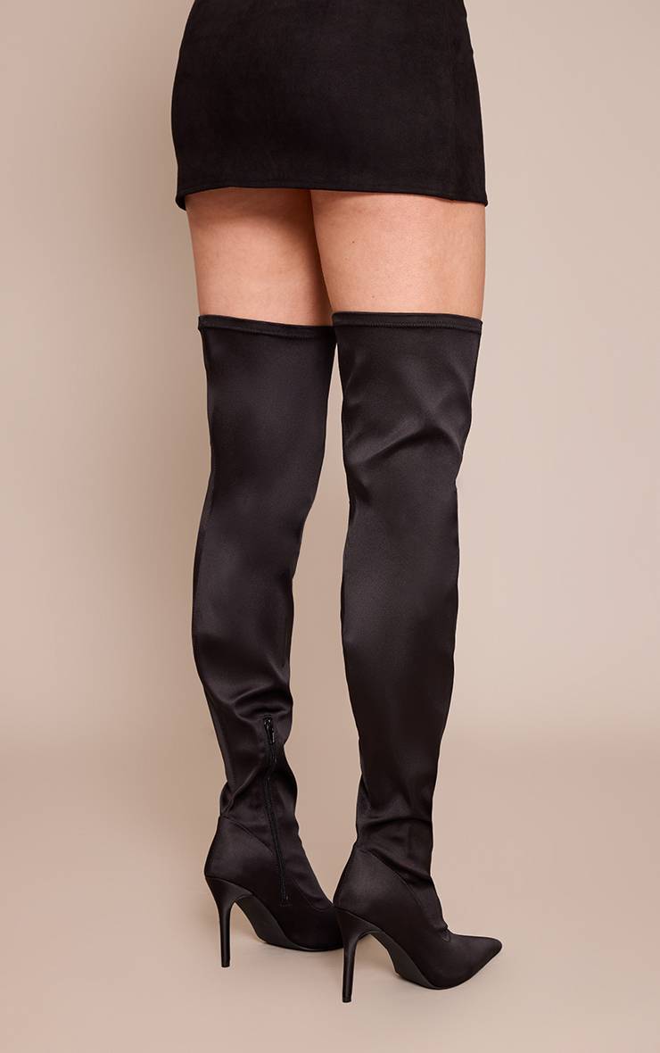 Noir Bottes À Talon À Bout Pointu En Satin Au-dessus Du Genou
