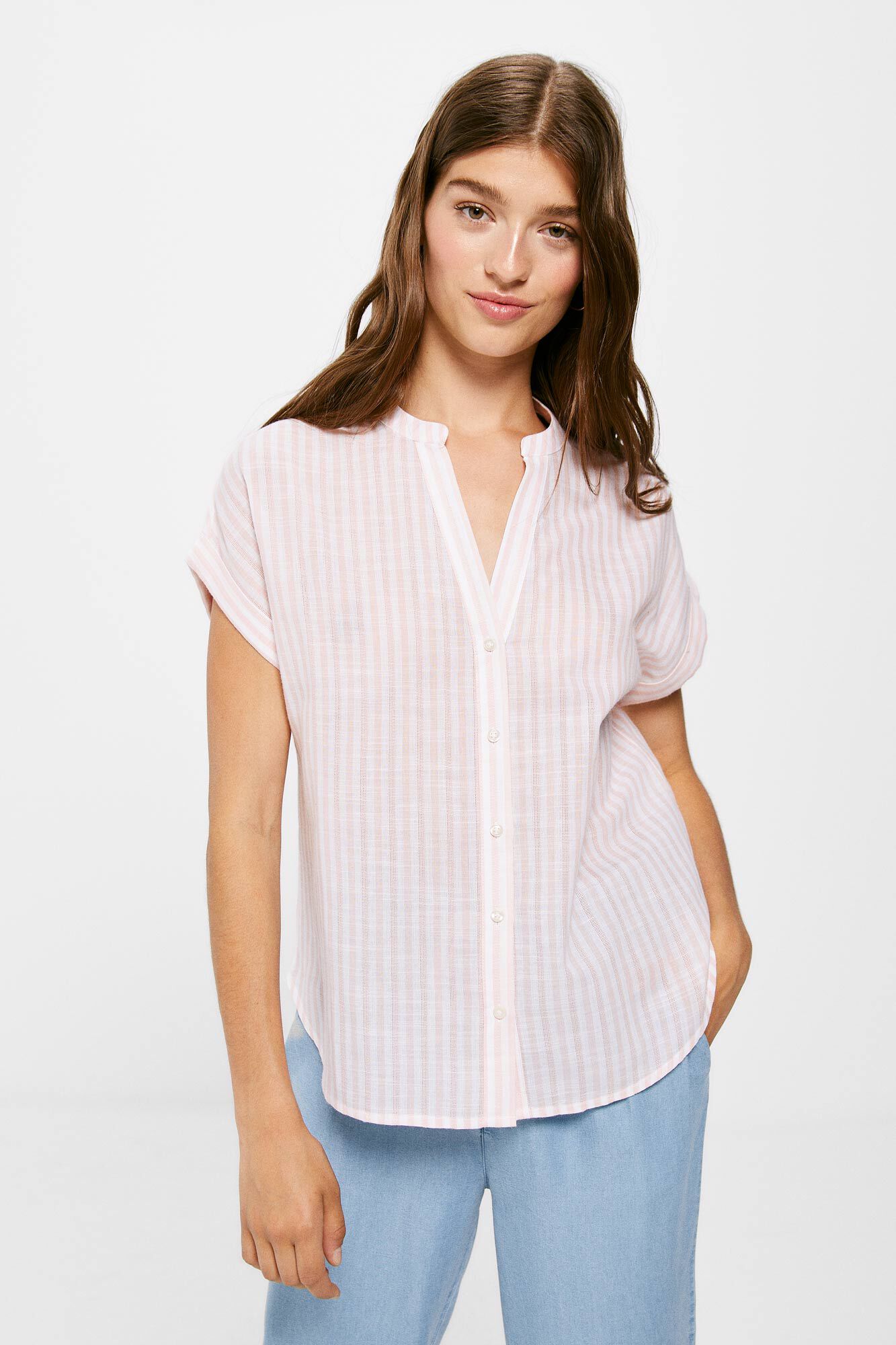 Blusa de algodão com gola mandarim - Rosa