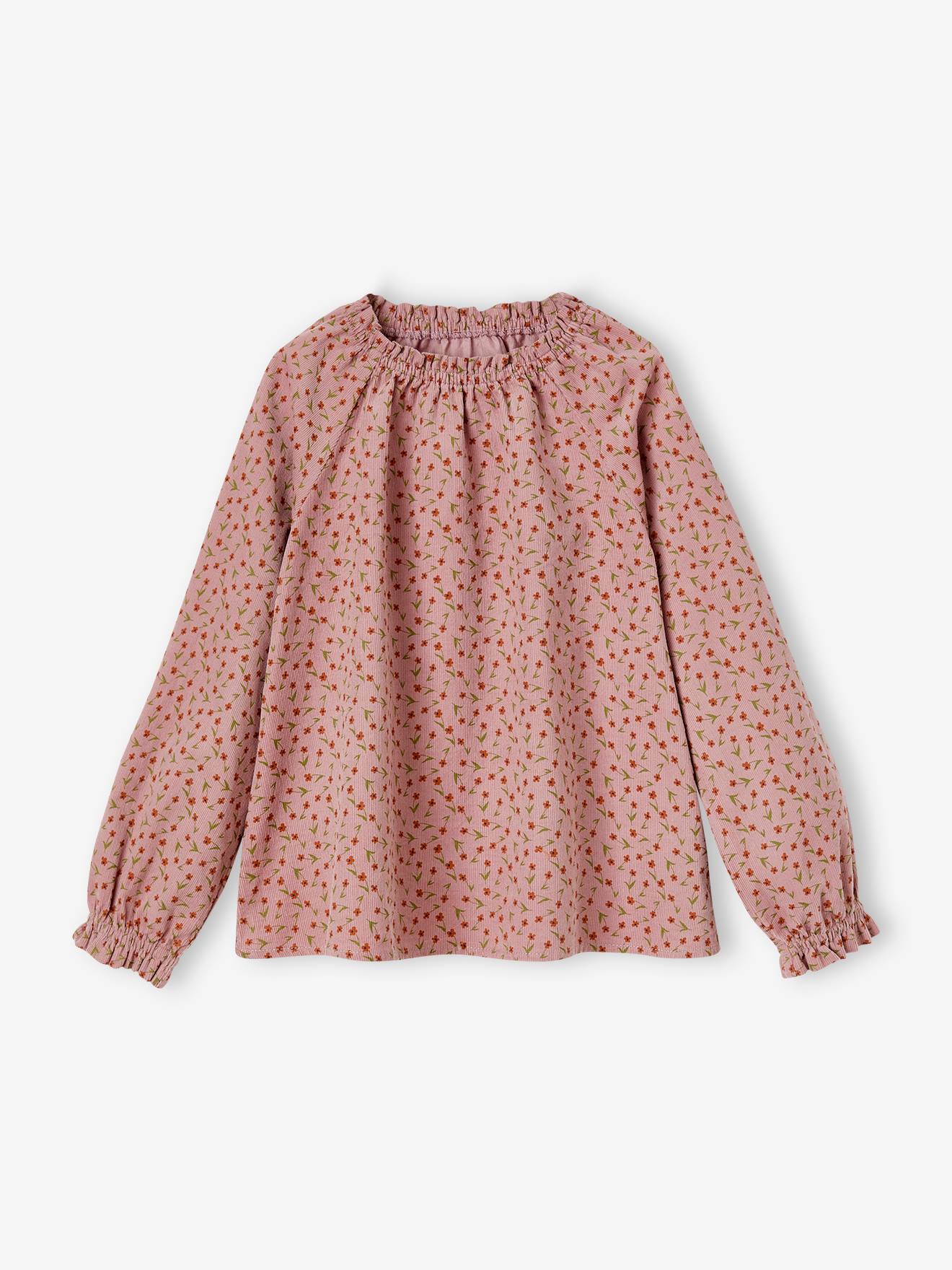 Blusa de veludo cotelê rosa antigo com estampa floral para meninas