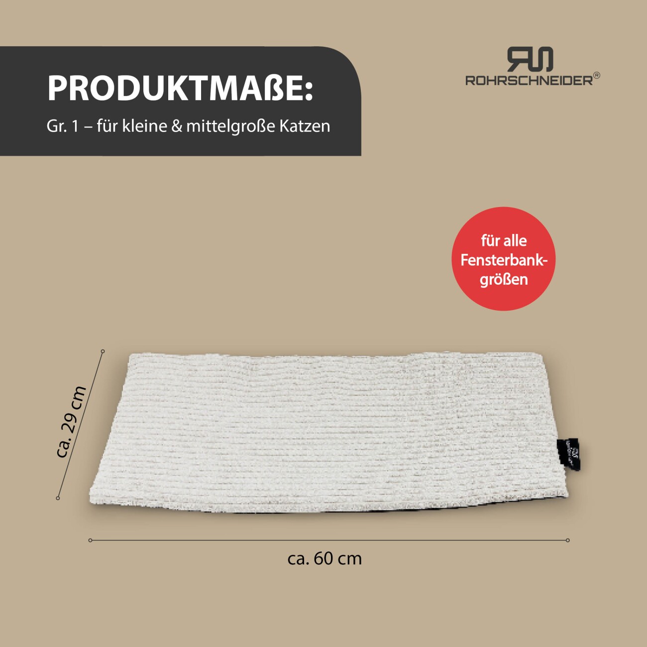 Rohrschneider ® Selbstwärmende Katzendecke, Fensterliege mit rutschfester Unterlage beige 60 cm, 2 cm, 29 cm