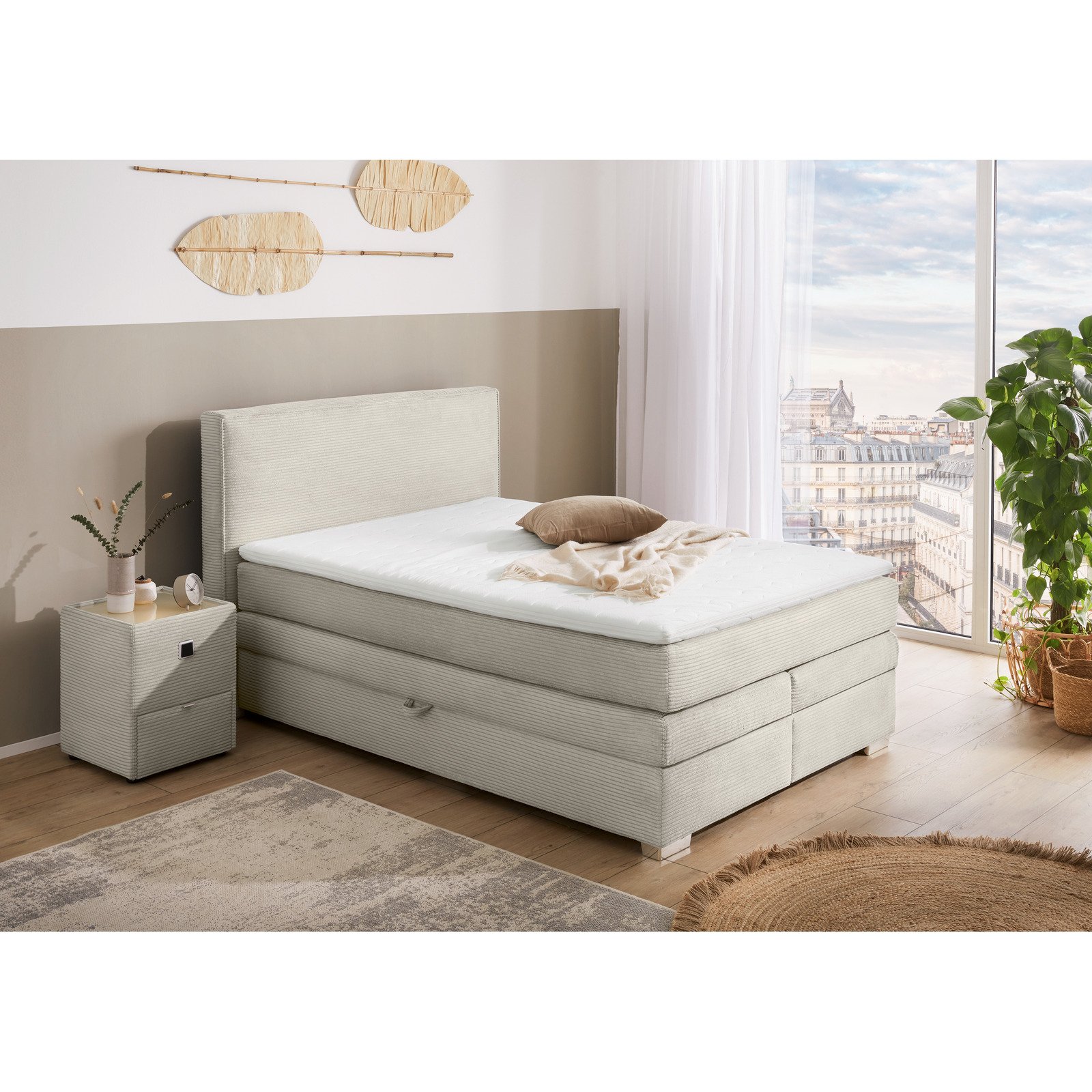 Boxspringbett Arabella Stoff Cord 140 x 200 cm, mit Bettkasten greige